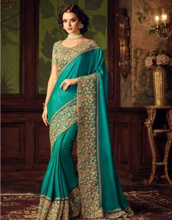 Party Wear Wedding Special Embroidered Paper Silk Green Sarees for Women - Green